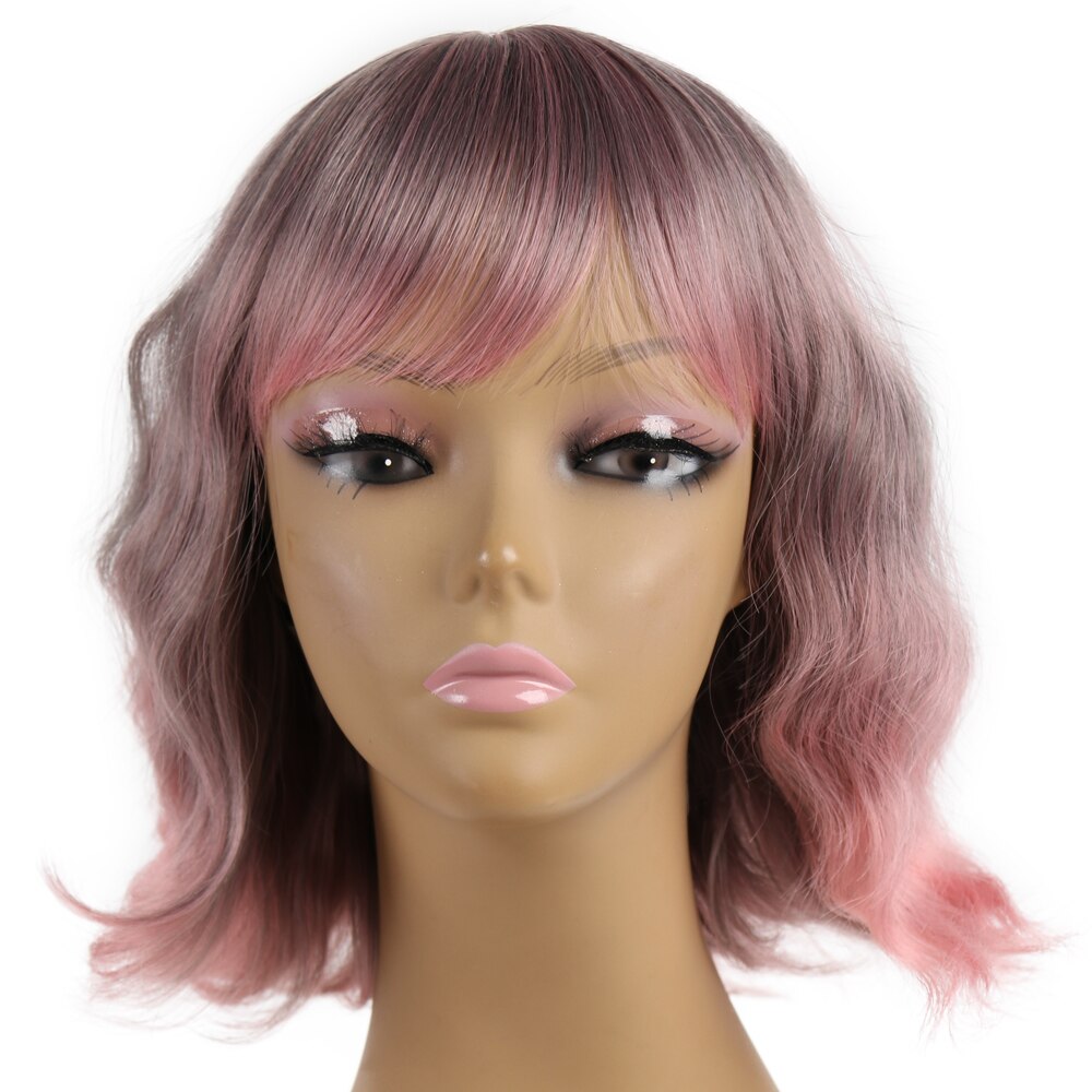 MODERN QUEEN 12" Short Water Wave Wig with Bangs Mix Grey Synthetic Wigs for Women Brown Cosplay Bob Wigs Female Daily Party: #1B