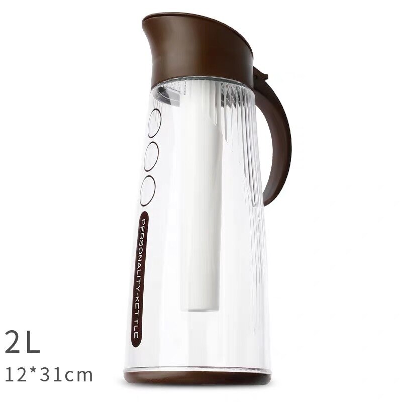 Koudwaterfles met ijsblokjeshouder, kunststof kan met anti-verdunningsijs, waterdispenser voor sap, thee en bier: 2l bruin