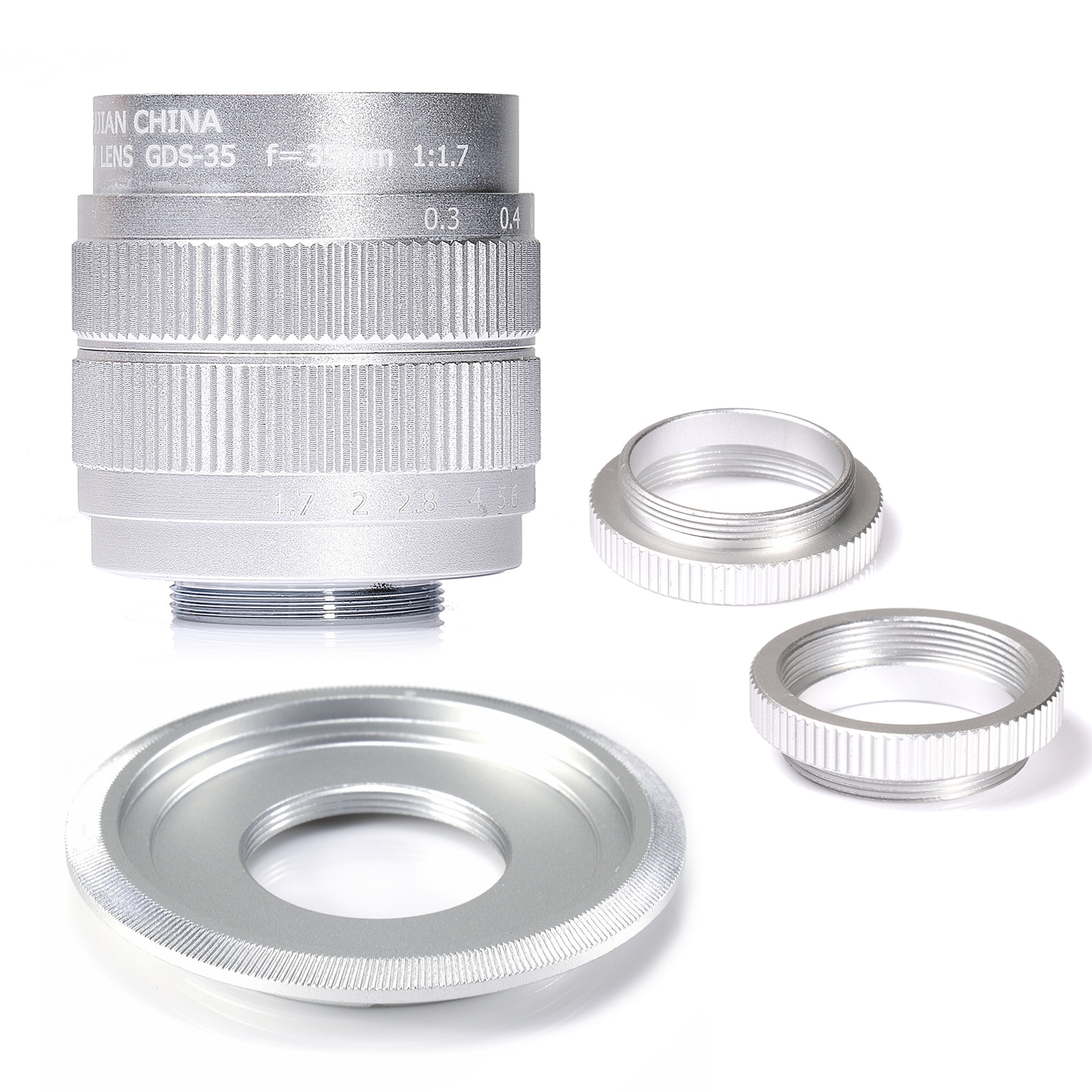 Fujian argent 35mm f/1.7 APS-C objectif CCTV + bague d'adaptation + 2 Macro anneau pour SONY NEX caméra sans miroir A5300/A6000/A6300/A7/A7II/A9