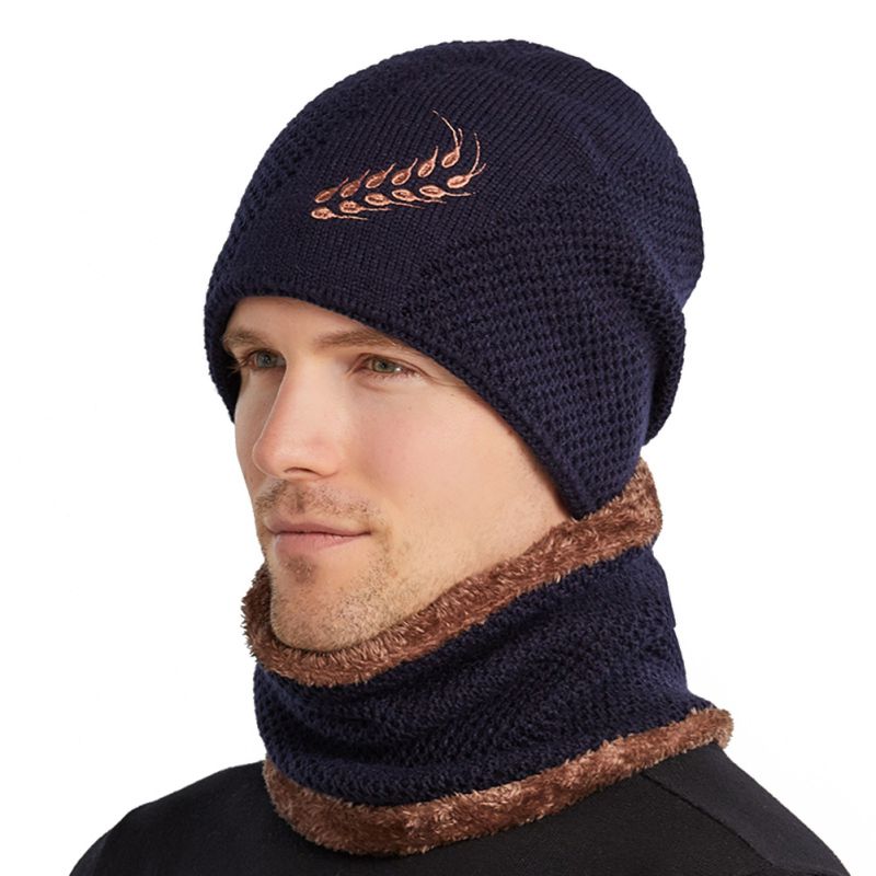 Gorro de punto para hombre de Otoño Invierno, conjunto de bufanda, gorro más cálido, grueso, térmico, mullido, cálido gorro de senderismo, gorros, gorro: dark blue