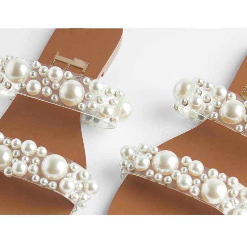 Summer Pearl String Bead Slippers Womens Flat Sandals Beach Shoes Casual Slippers Female Womens pearl Shoes