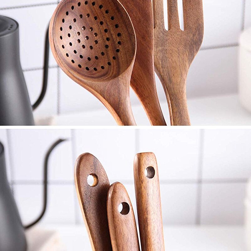 Utensílios de cozinha saudáveis conjunto de ferramentas de cozinha de madeira natural antiaderente espátula de madeira dura e colheres-durável eco-friendly e seguro
