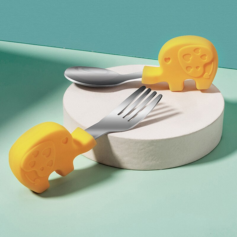 2 pz/impostato da tavola per bambini cartone animato a forma di animale cucchiaio per bambini e forchetta impostato in acciaio inox alimentazione gadget per bambini formazione: giallo elefante
