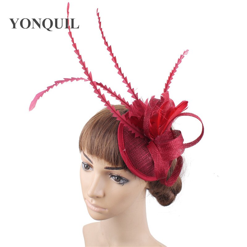 Grønn fast sinamay festfascinator lue sposa kirkehatter bryllup hårtilbehør fjærdekor hodeplagg på hårspenner syf 130: Marron