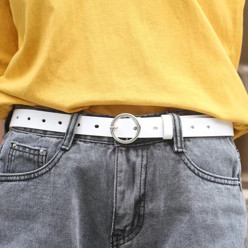 Mujer doble hebilla de plata Jeans cinturones de para la mujer los estudiantes pretina Simple círculo cinturón con hebilla para Jeans vestido: white round buckle