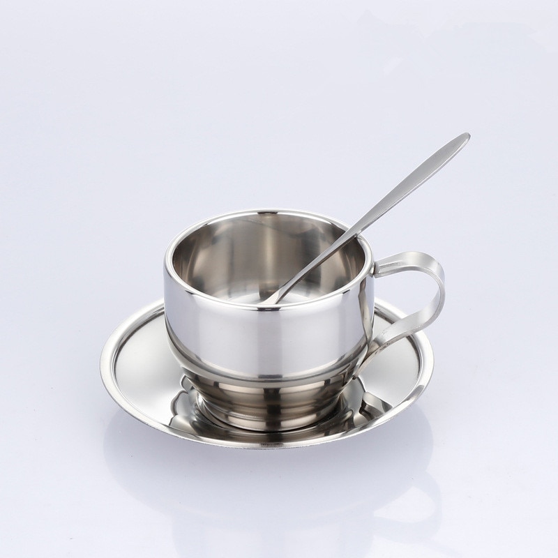 Household 150ml Insulated Coffee&amp;Tea Cup Double Wall 304 Stainless Steel Travel Handle Mugs With Spoon Dish Plate Saucer Sets