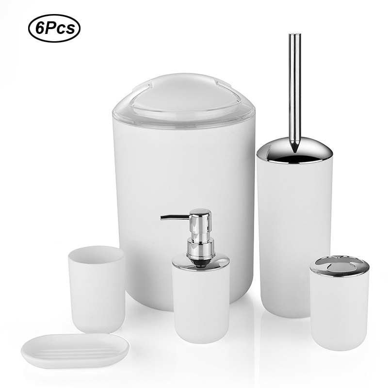 GOALONE 6Pcs/Set Luxury Bathroom Accessories Plastic Toothbrush Holder Cup Soap Dispenser Dish Toilet Brush Holder Trash Can Set: White