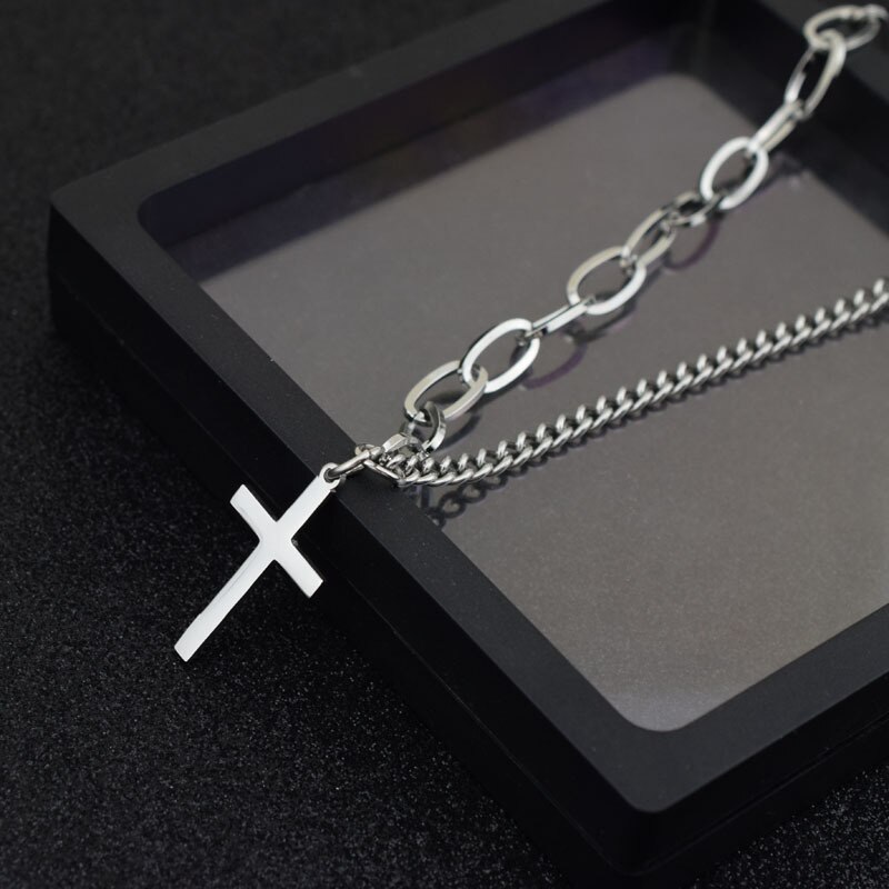 Punk Rock Stainless Steel Long Chain Double Layer Necklace Cross Alien Pendant Disco DJ Band Women Men Guys Necklaces Unisex: cross