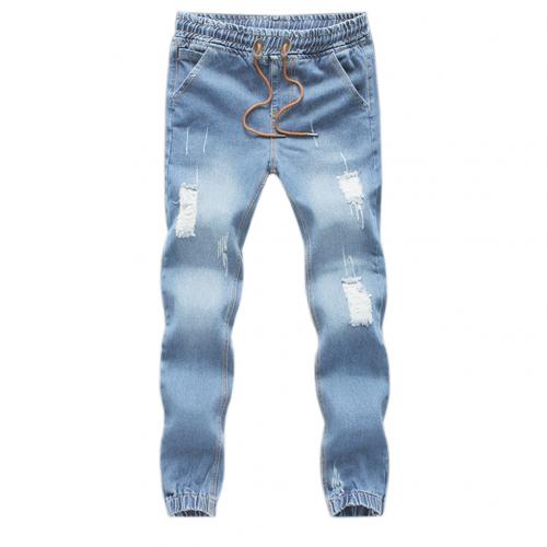 Mænd jeans snoretræk denim ankel længde casual bukser jeans: Lyseblå / Xl