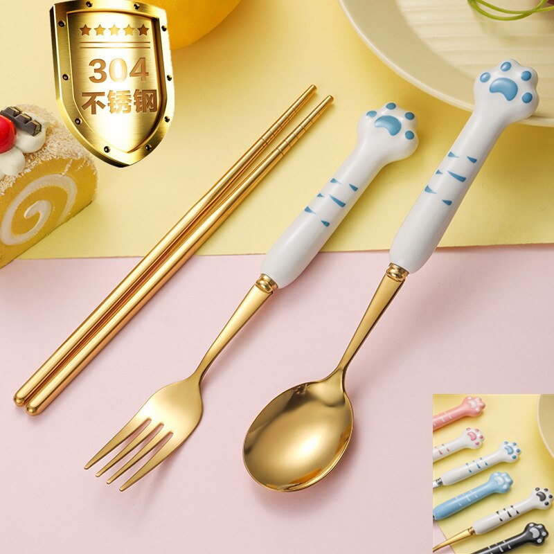 Cute cat claw ceramic 304 stainless steel tableware spoon fork chopsticks cute cartoon spoon gold spoon fork