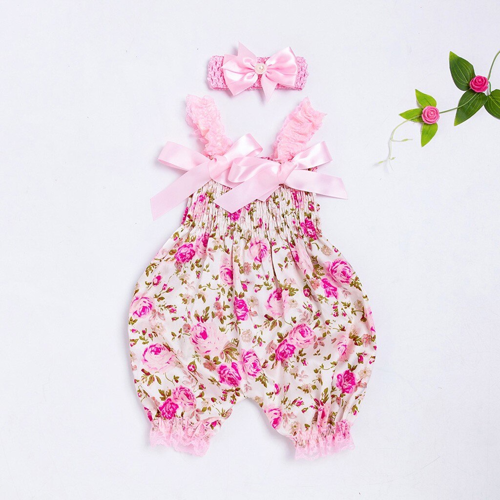 Peuter Baby Jongens Meisjes Bloemen Romper Baby Meisje Bodysuits Tops Bloemenprint Jumpsuit + Hoofdband Set 2 Stuks Outfits Casual zuigeling