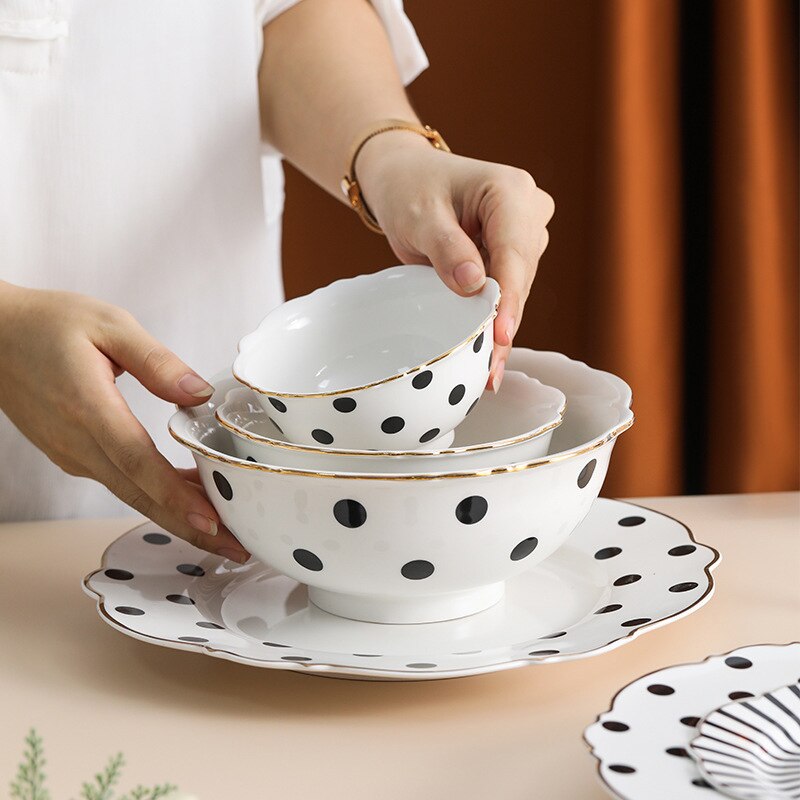 10inch Food Tray Gold Edge Dinnerware Set Polka Dot Dinner Plate Set Soup Dish Steak Flat Plate Flower Shape Breakfast Tableware