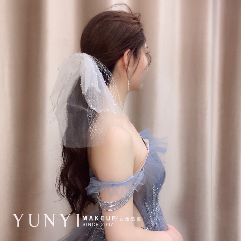 Boutique-velo corto con cuentas blancas para mujer, accesorios para el cabello, maquillaje con lazo, novia y boda