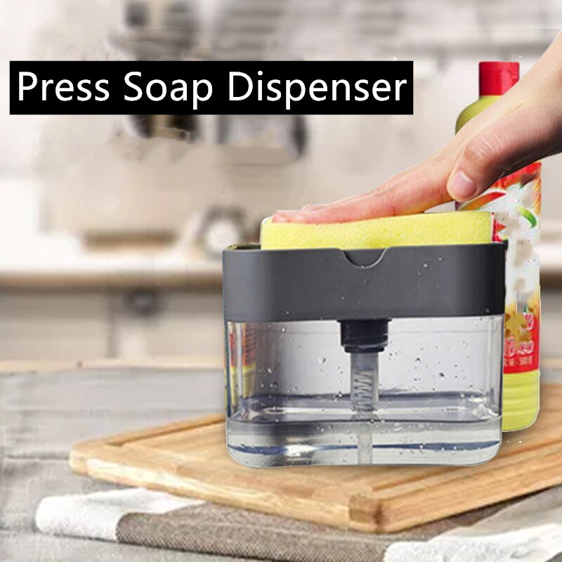 Manuel presse pompe savon distributeur cuisine ménage vide liquide savon conteneur avec porte-éponge antirouille: Gray