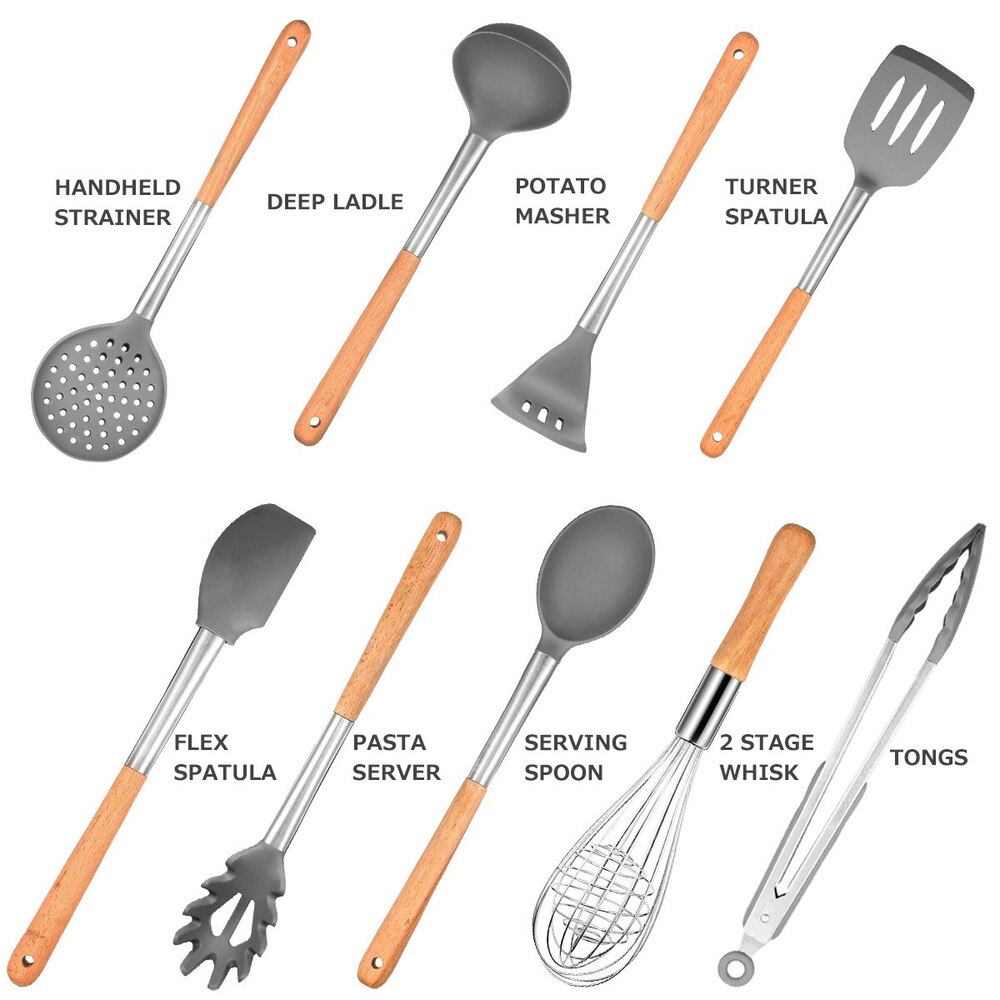 9/10Pcs Kitchen Set- Silicone Utensils Cooking Sets Non-stick Kitchenware Spatula with Wooden Handle Kitchen Tools Accessories