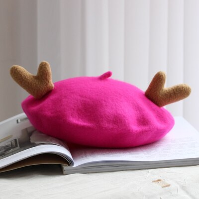 Japanse afdeling complex gubei lei hoed dames herfst en winter zuiver wol mooie gewei kersthoed schildershoed knop baret: Gewei - op roos