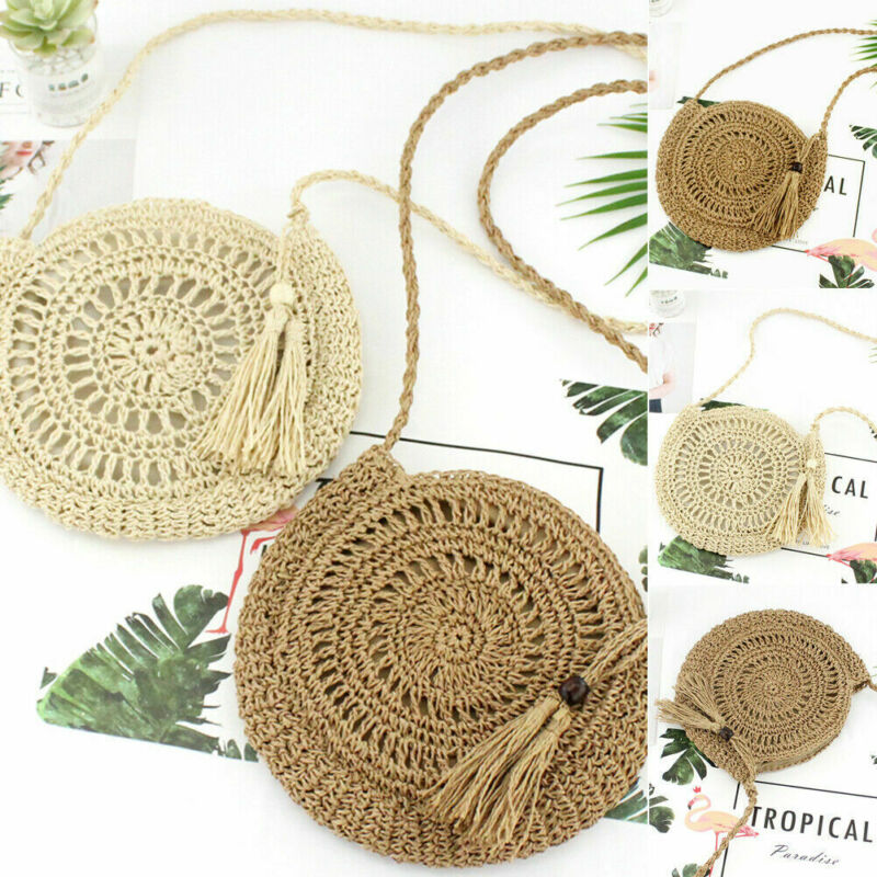 Sac à main en paille tressée en rotin avec pompon rond, sacoche à bandoulière, fourre-tout, sac à dos, fermeture éclair