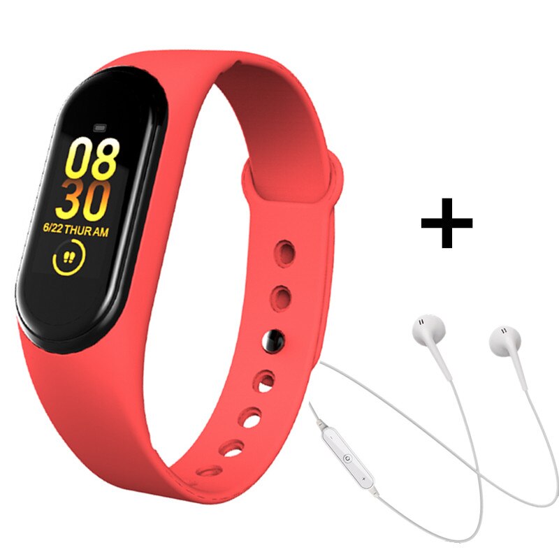M4 smart band hjertefrekvens blodtryksmåler smart armbånd fintness aktivitet trackeer smart armbåndsur med øretelefon: Rød hvid