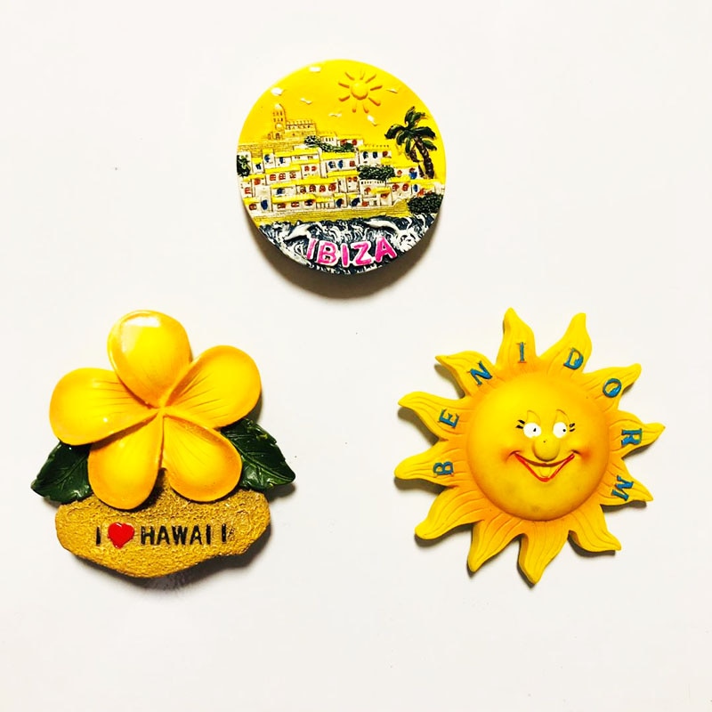 Imanes de nevera de Ibiza, Benldorm, Hawaii, Sevilla, ventilador de flores, pegatina magnética para nevera, recuerdo de viaje mundial