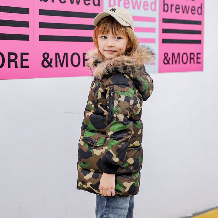 Warm Thickening Winter Fur Collar Camouflage Long Child Coat Children Outerwear Windproof Baby Boys Girls Jackets 3-12 Years Old