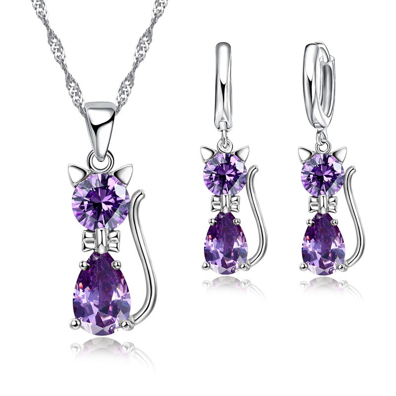 Sieraden Sets Accessoires Echt 925 Sterling Zilveren Zirconia Clear Kat Ketting Hanger + Leverback Oorbellen Sall