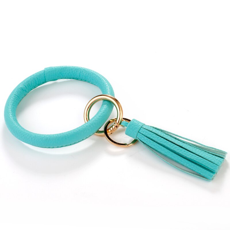 ALLYES Tassel Round Wristlet Keychain for Women Girls Charm Leather Bangles Key Chain Jewelry: Blue