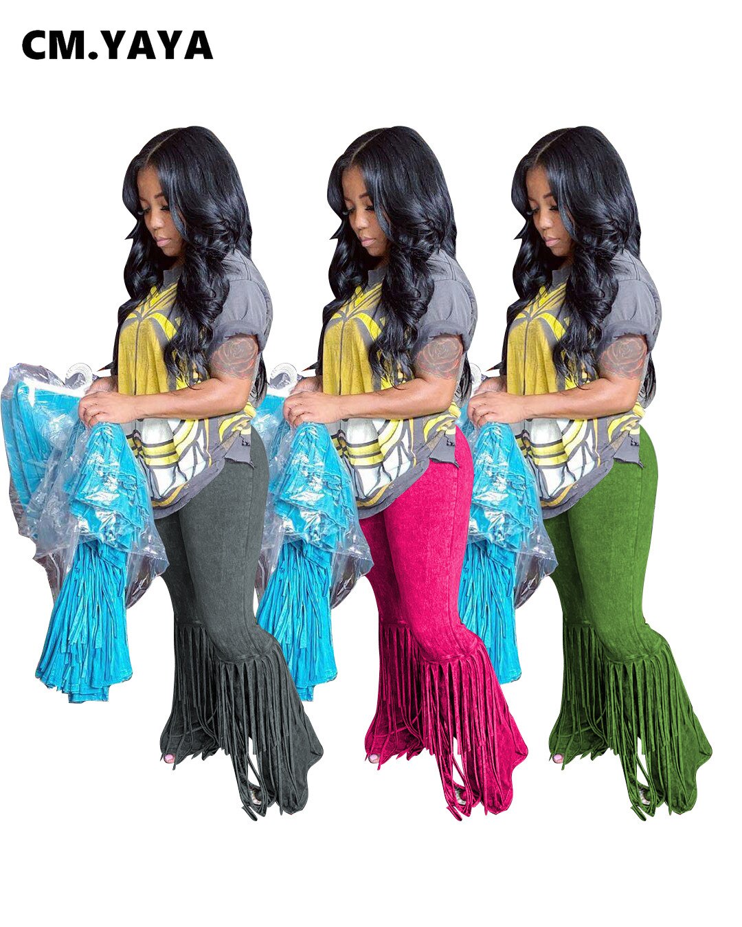 CM.YAYA-ropa de calle de ante para mujer, pantalones de empalme con borlas, Leggings de cintura alta, pantalones de chándal drapeados con campana acampanados