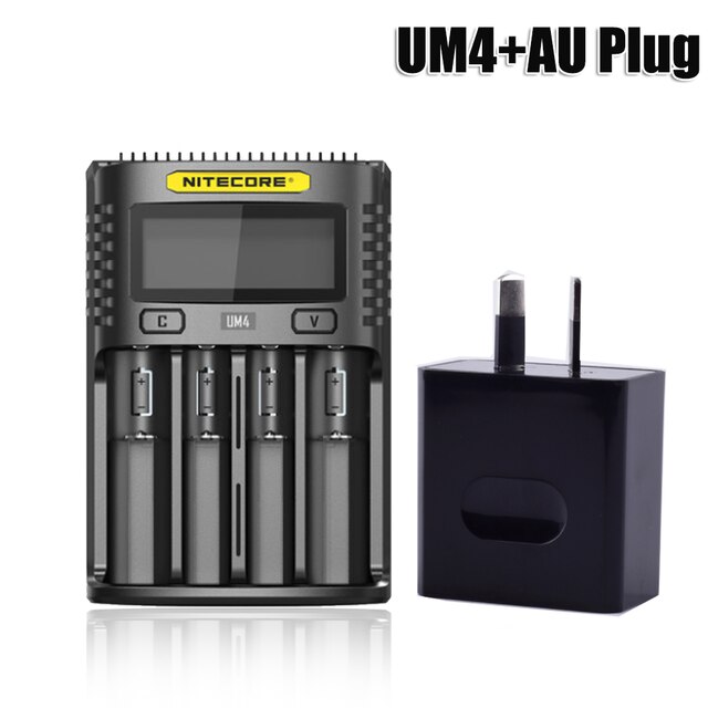 NITECORE UMS4 Batterie ladegerät QC Schnelle Ladung 4A mit 4 Slots Ausgang LCD Display Für 18650 14500 16340 26650 21700 AA AAA Batterie: UM4 and AU Plug