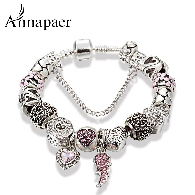 ANNAPAER European Pink Crystal Angel Wings Charm Bead Fit Original Bracelets for Women Bracelet Jewelry B17044