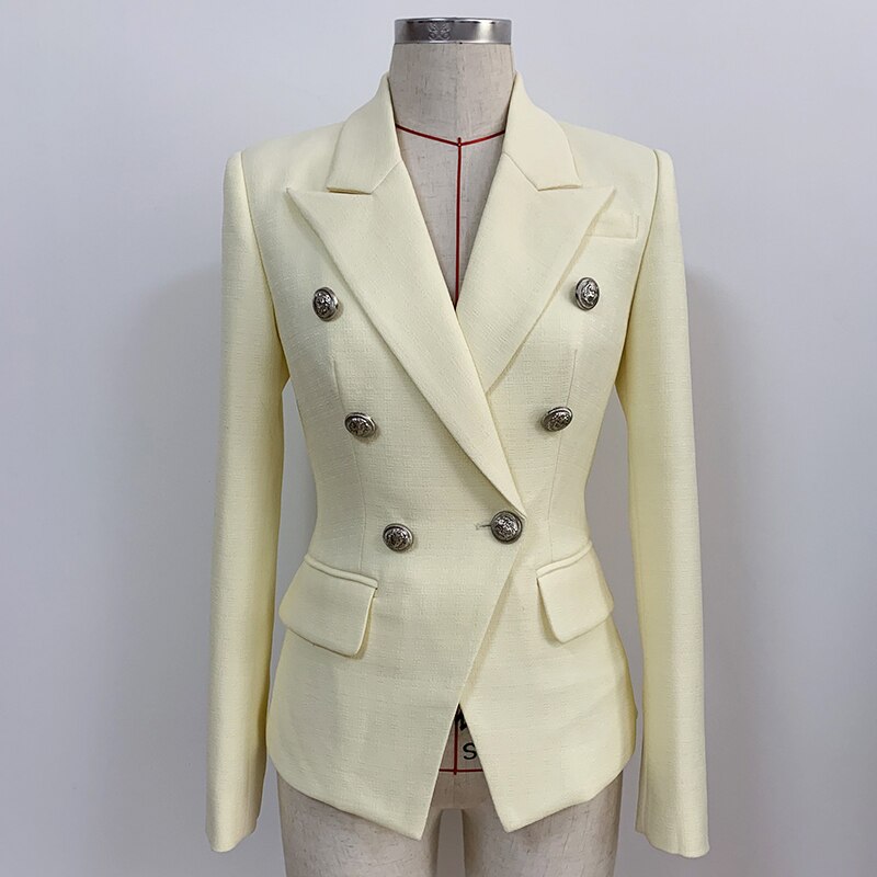 Nieuwste 2022 klassieke damesjas met #39 leeuwenknopen, dubbelrijs slim fit, getextureerde blazer, bovenkleding: Beige / S