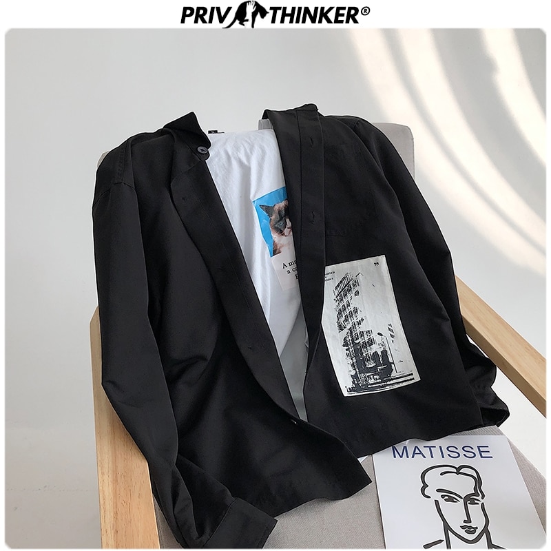 Privathinker herre forår unisex print skjorter herre sort langærmet bluse streetwear løse herreskjorter oversize