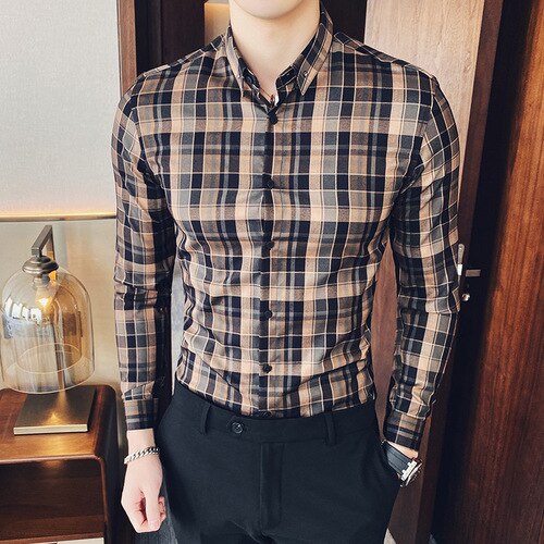 Lente geruite overhemden heren slank lange mouwen klassieke britse stijl casual formeel zakelijk overhemden heren jurk sociaal chemise homme: Khaki / Xxl