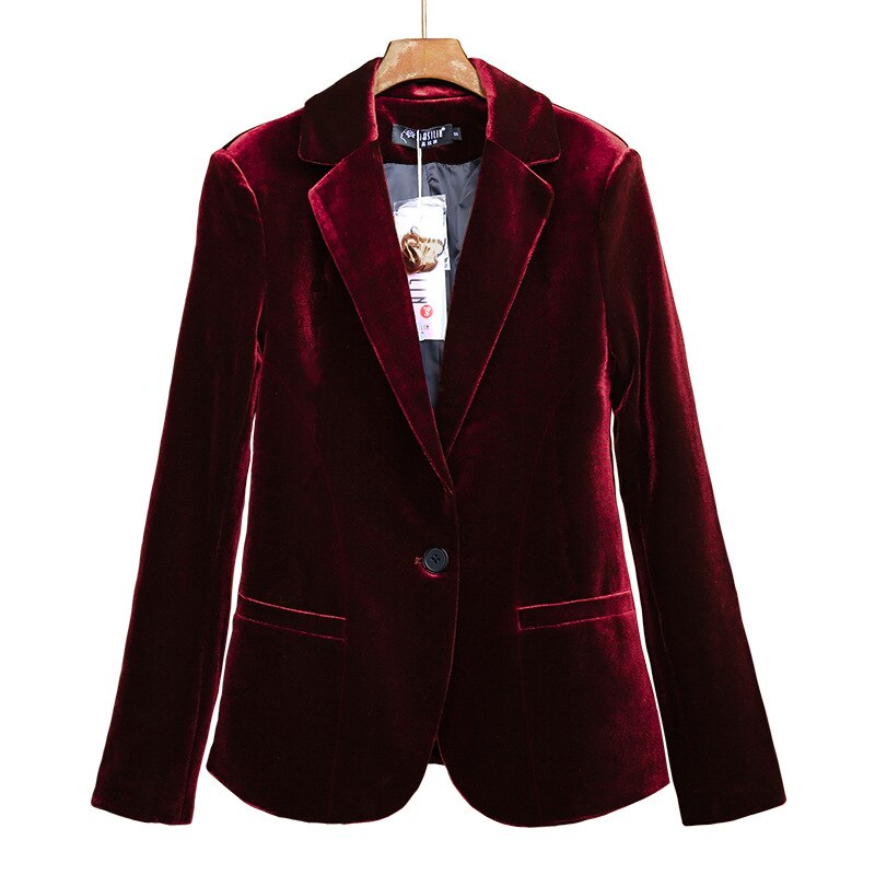 Fløjl dame blazer sort blå dame blazer jakkesæt plus size langærmet slank kontorjakkesæt: Rødvin / L