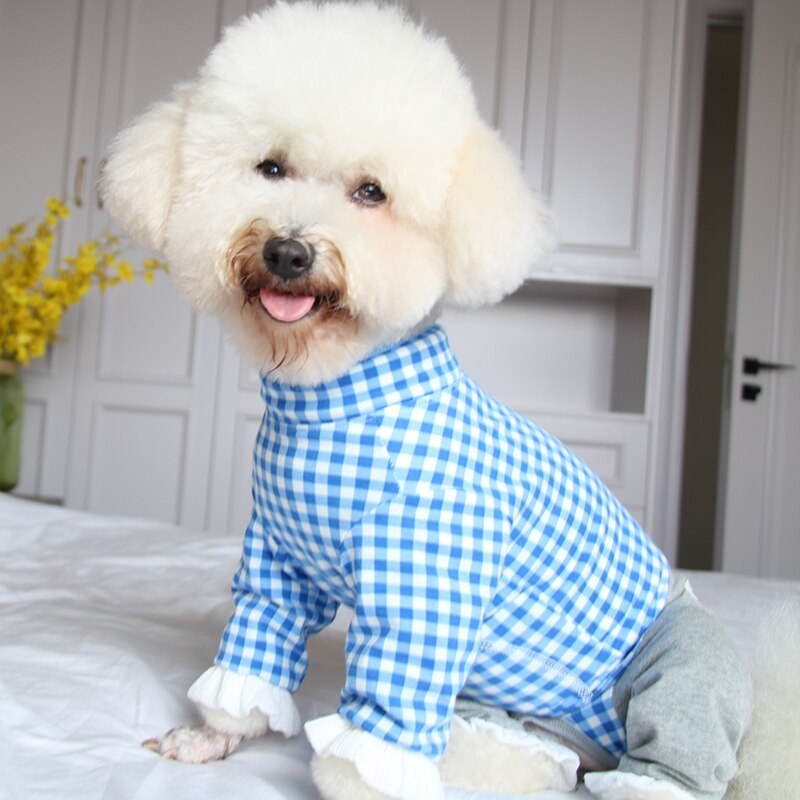 Mono fino de algodón puro para perro, ropa para cachorro, mono a cuadros azules, pijamas para proteger el vientre, para perros pequeños, Chihuahua, caniche