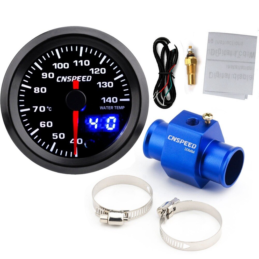 2 " 52mm 7 farver led bil vandtemperaturmåler 40-140 celsius digitalt dobbelt display med sensor og vandtemperatur sensor adapter: Med 30mm