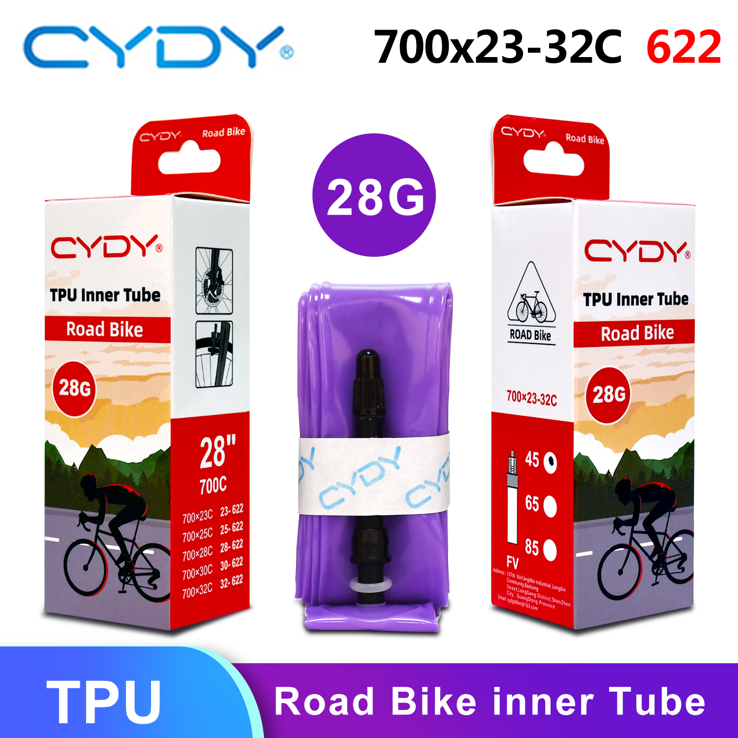 CYDY 700C Fahrrad-Innenschlauch aus TPU, 700×23C, 25C, 28C, 30C, 32C, Reifen 45/65/85 mm, SV-Rennrad, französisches Ventil, 28 Zoll, ultraleichter Innenstift, 28 g