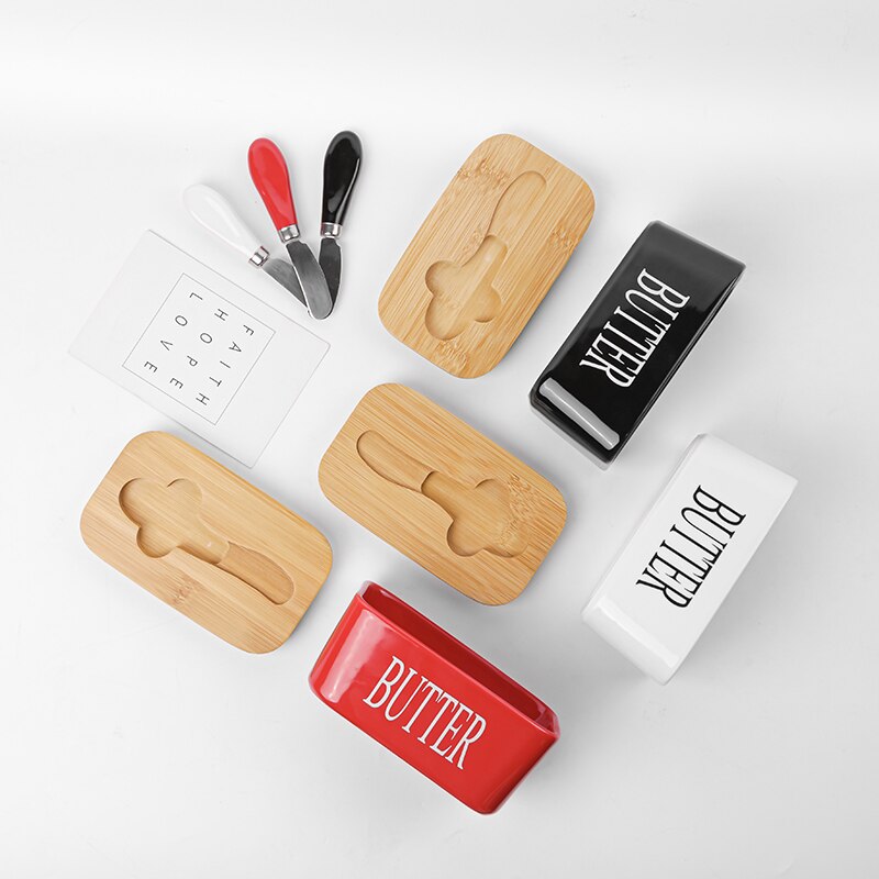 Ceramic Wooden Butter Box Cheese Tray Rectangular White Dish with Lid Oil Container for Butter Keeps Butter Storage Case Jar