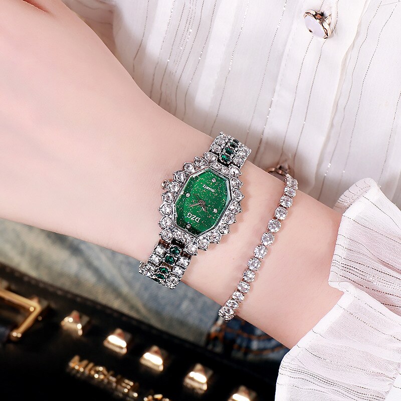 Dameur armbånd firkantet ur fuld diamant dameur casual starry sky watch: Sølv grenn
