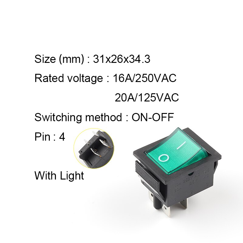 1PCS 4 Pin Rocker Switch ON-OFF Electrical equipment With Light Power Switch 16A 250VAC/ 20A 125VAC KCD4: 4P With Green Light