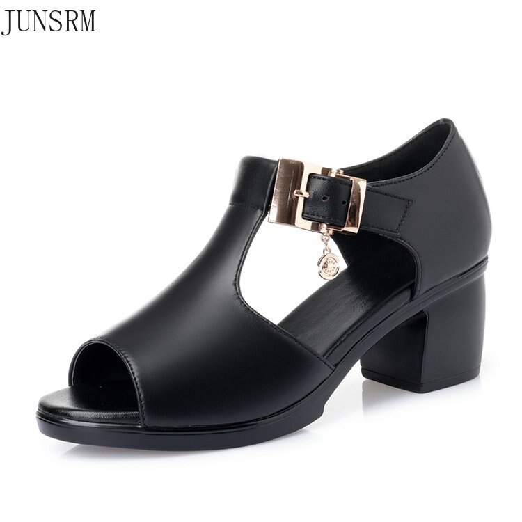 Summer style fish mouth casual ladies solid color thick heel buckle sandals sandalias mujer