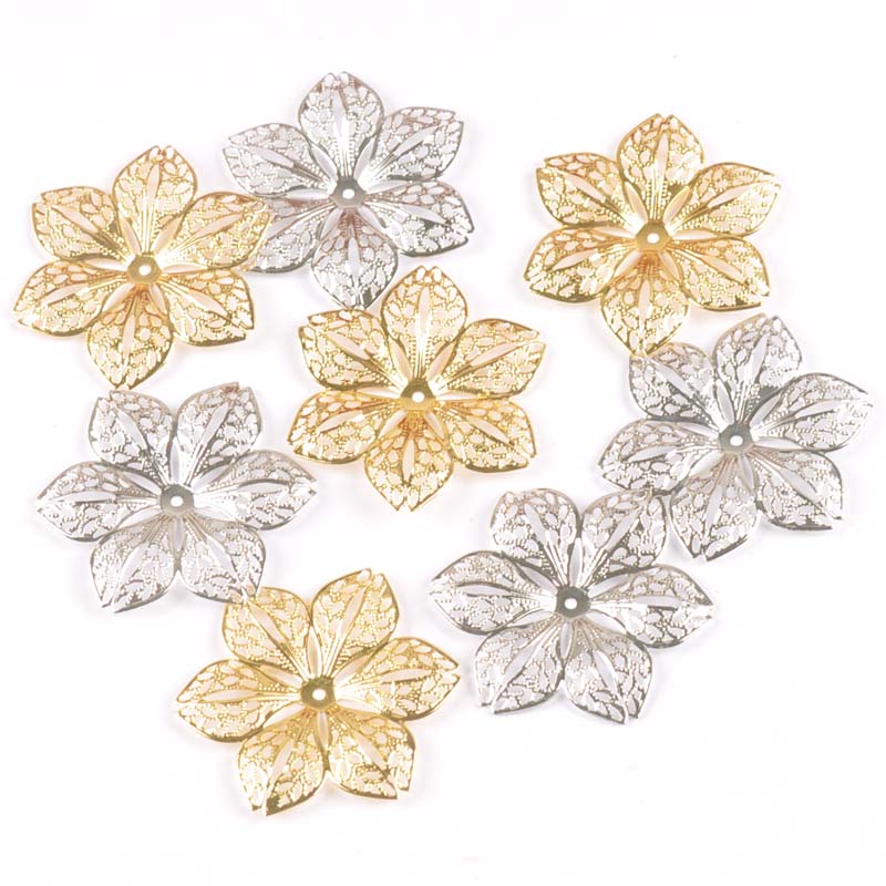 10 Uds. De Artesanía de Metal de flores huecas, envolturas de filigrana, conectores para pendientes, fabricación de joyas, accesorios de decoración para álbum de recortes, 43mm, ykl0782