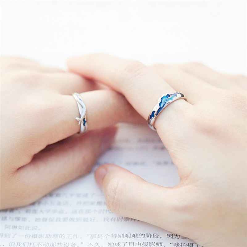 Única cor da memória pingando esmalte ondas baleia doce casal romântico 925 sterling silver feminino anéis de abertura redimensionáveis sri596: Couple