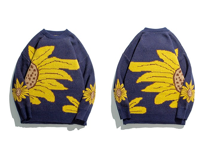 Tournesol pull hommes tricots pull automne Harajuku pull décontracté surdimensionné Hip Hop Streetwear coton hommes vêtements hauts: Bleu / L