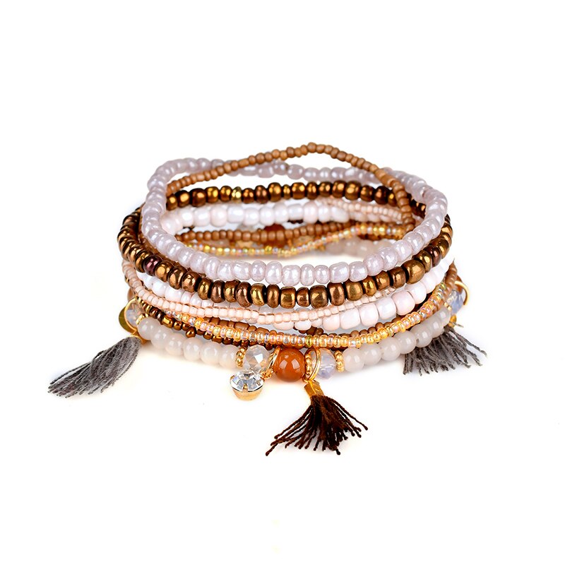 Ethnic Bohemian Tassel Beach Charm Bracelets For Women Boho Multilayer Beads Crystal Beaded Jewellery Bracelet Set Femme