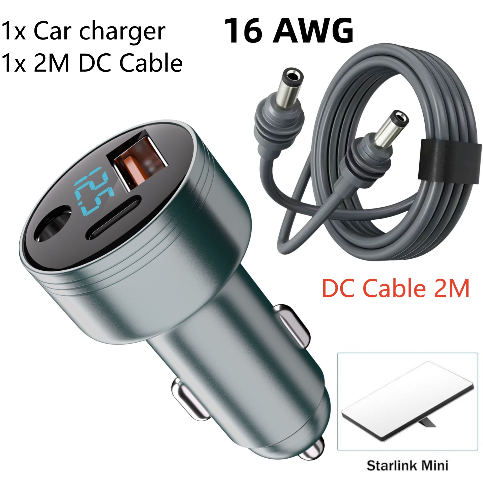 Starlink mini carregador de carro digital carregador de bordo com dc 5521 USB-C qc 3.0 3 portas suporte pd carga rápida com cabo dc 16awg: BRANCO
