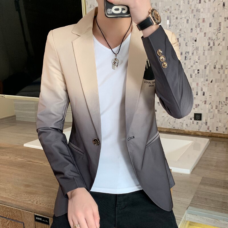 Blazer mænd mandlige gradient jakkesæt masculino koreansk stil slim fit casual mænd trend kjole jakke: Khaki / Asien xl (55-60kg)