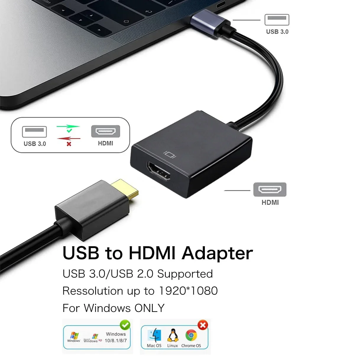 USB to HDMI Adapter HD 1080P USB 3.0 to HDMI-Compatible Converter External USB Adapter Video Adapter Cable for PC Desktop Laptop