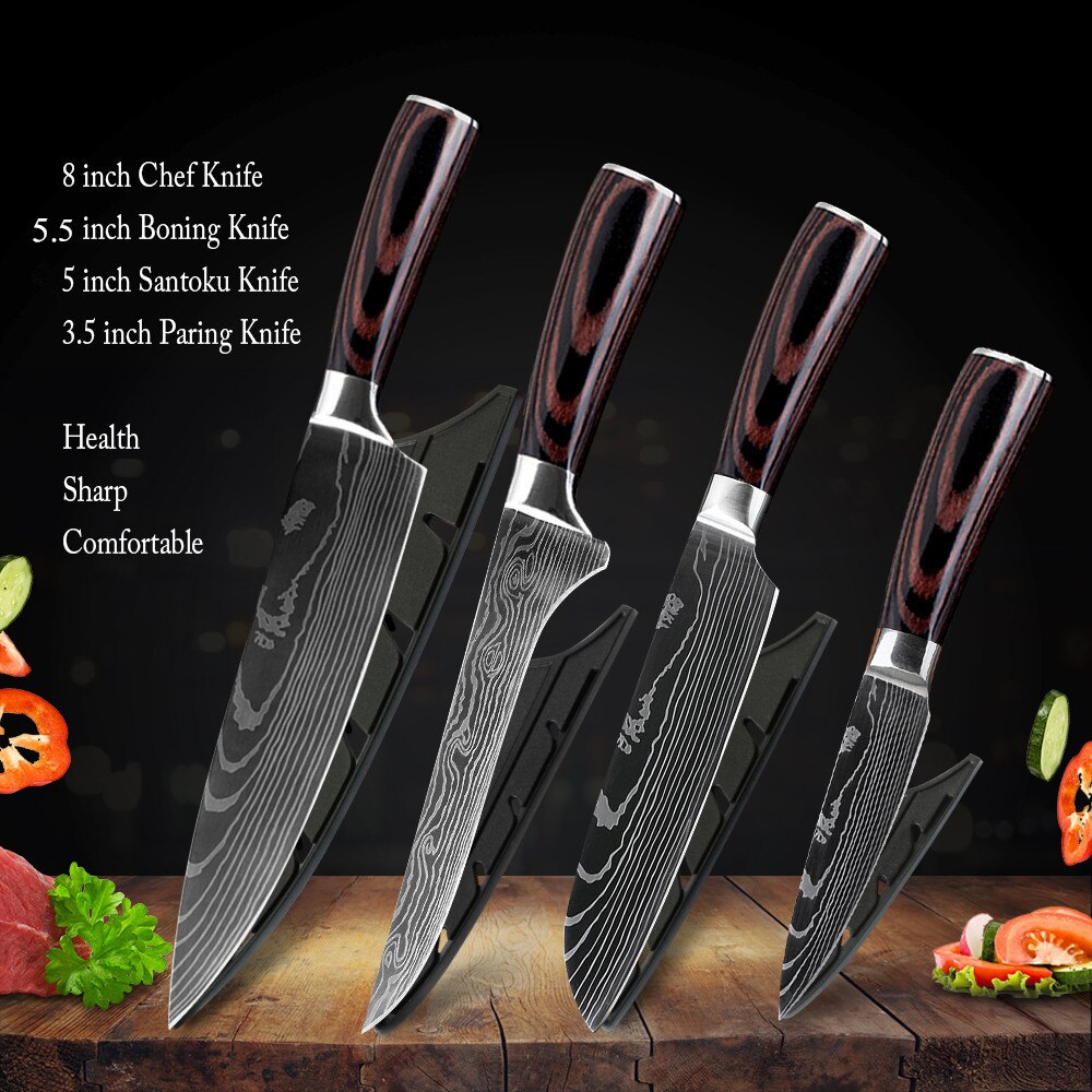 Damask Kitchen Chef Knives Set 7CR17 High Carbon Stainless Steel Sharp Utility Santoku Boning Damascus Pattern Cooking Tools: 4pcs Set 01