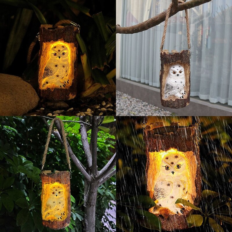 Cute Tree Stump Owl Solar Chandelier Waterproof Simulation Carving Decoration Outdoor Courtyard Garden Hanging Lamp