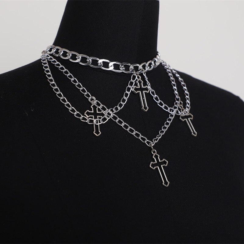 Punk Geometric Silver Color Chain Hollow Cross Pendant Necklaces For Women Trendy Statement Metal Chain Hip hop Jewelry Necklace: Default Title